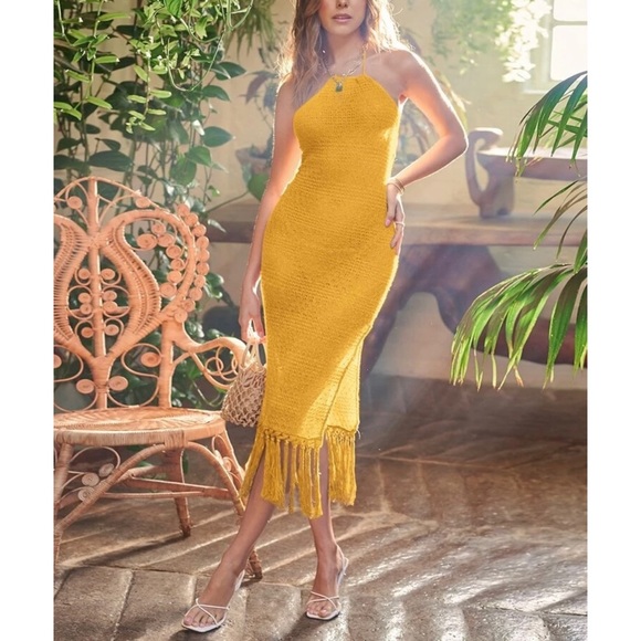 Aliyah Tied Backless Split Thigh Fringe Hem Halter Dress - Picture 5 of 6